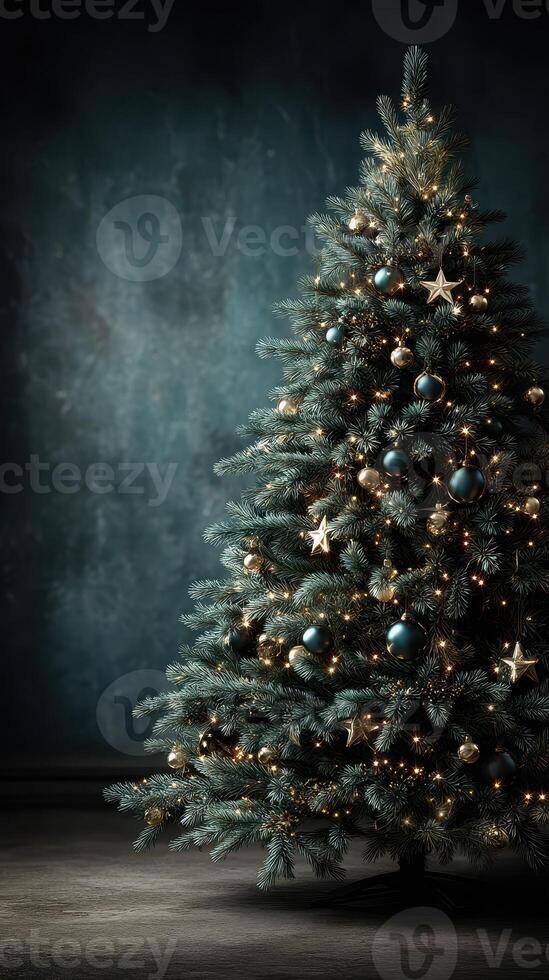 Elegant Christmas tree adorned with ornaments and warm lights in a cozy setting photo