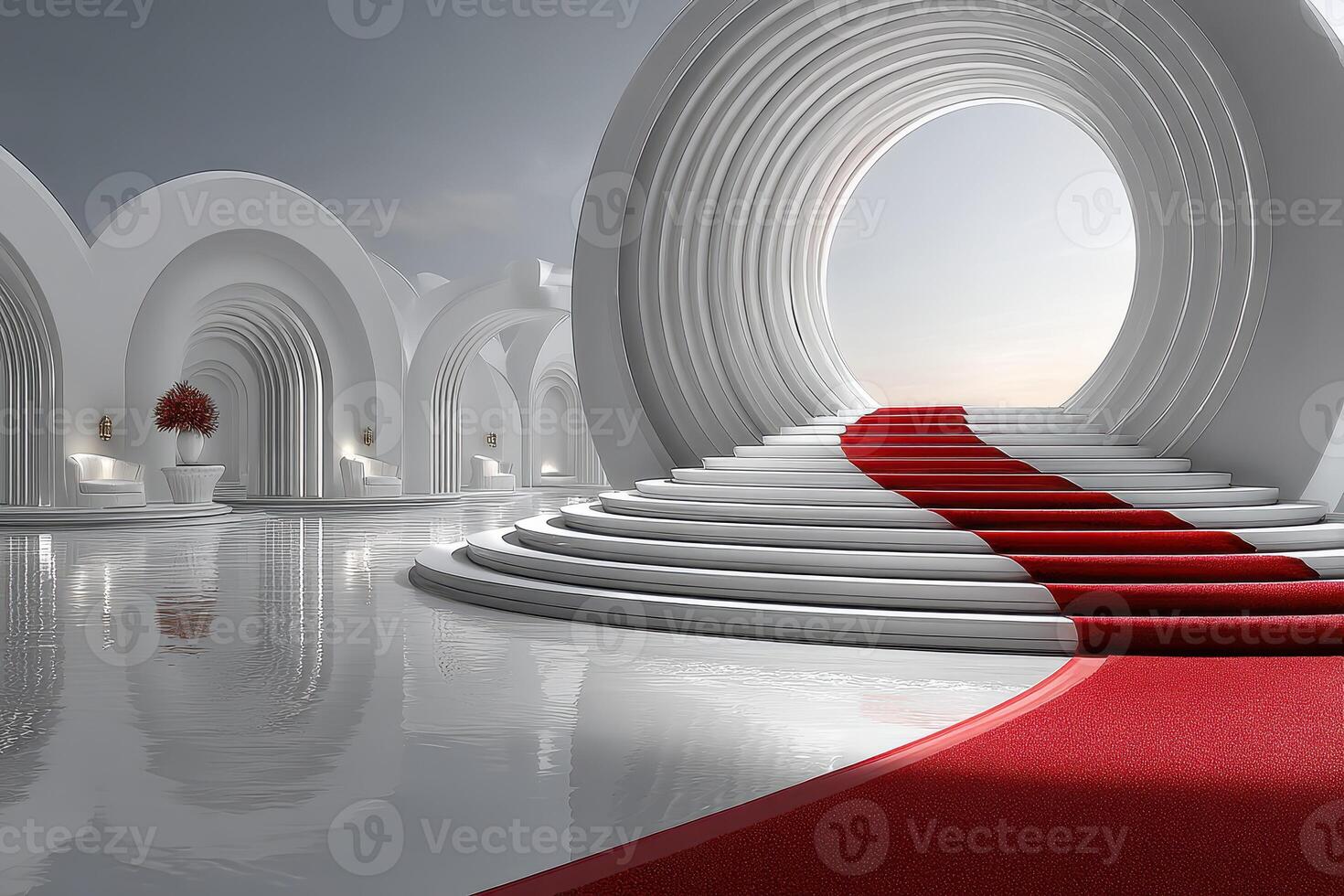 Elegant ceremony space with a red carpet and modern architectural design during daylight photo