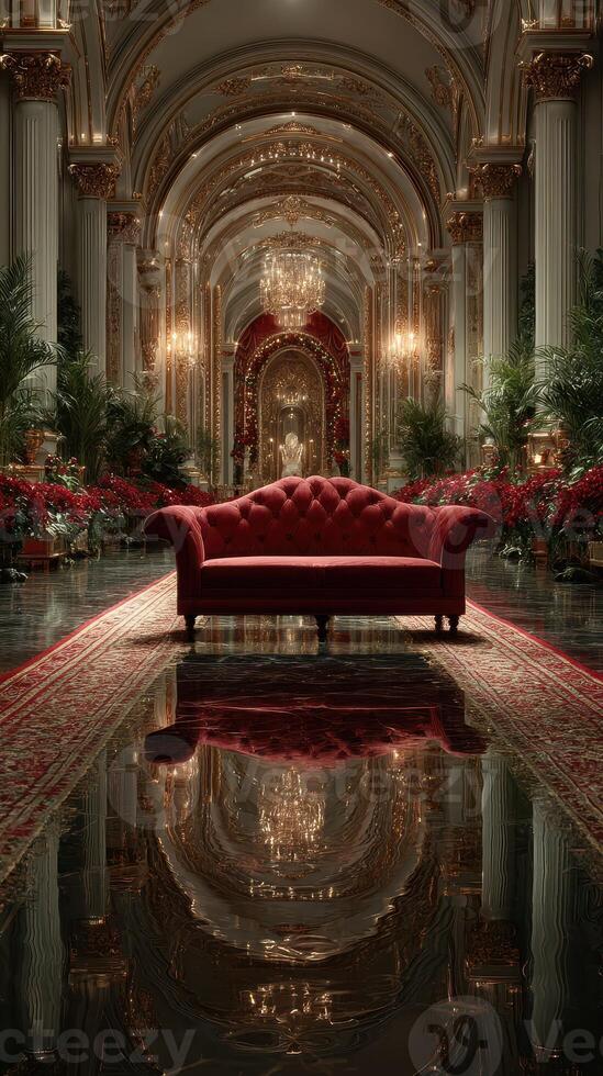 Elegant red sofa in a lavish hall with ornate decorations and festive greenery during a gala event photo