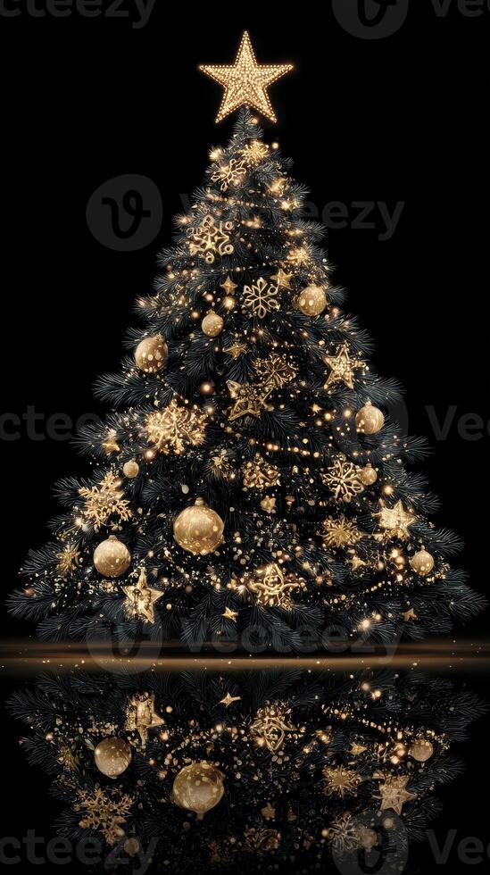 Elegant Christmas tree adorned with gold decorations and lights create a festive ambiance in the dark photo