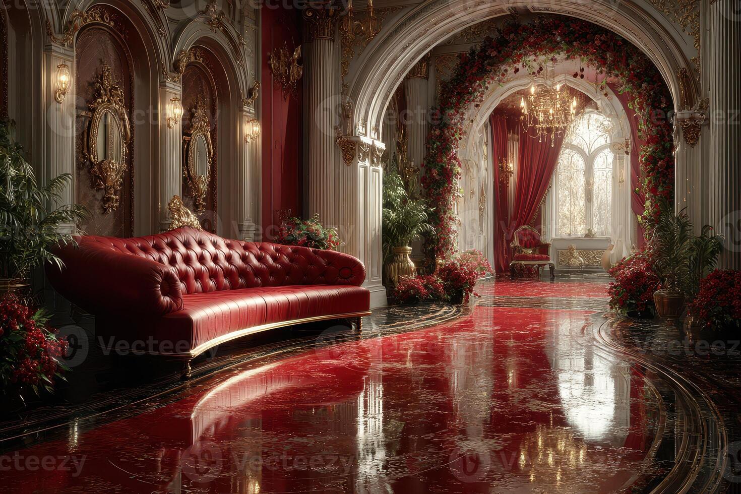 Elegant interior design of a luxurious red-themed room adorned with plants and fine details photo
