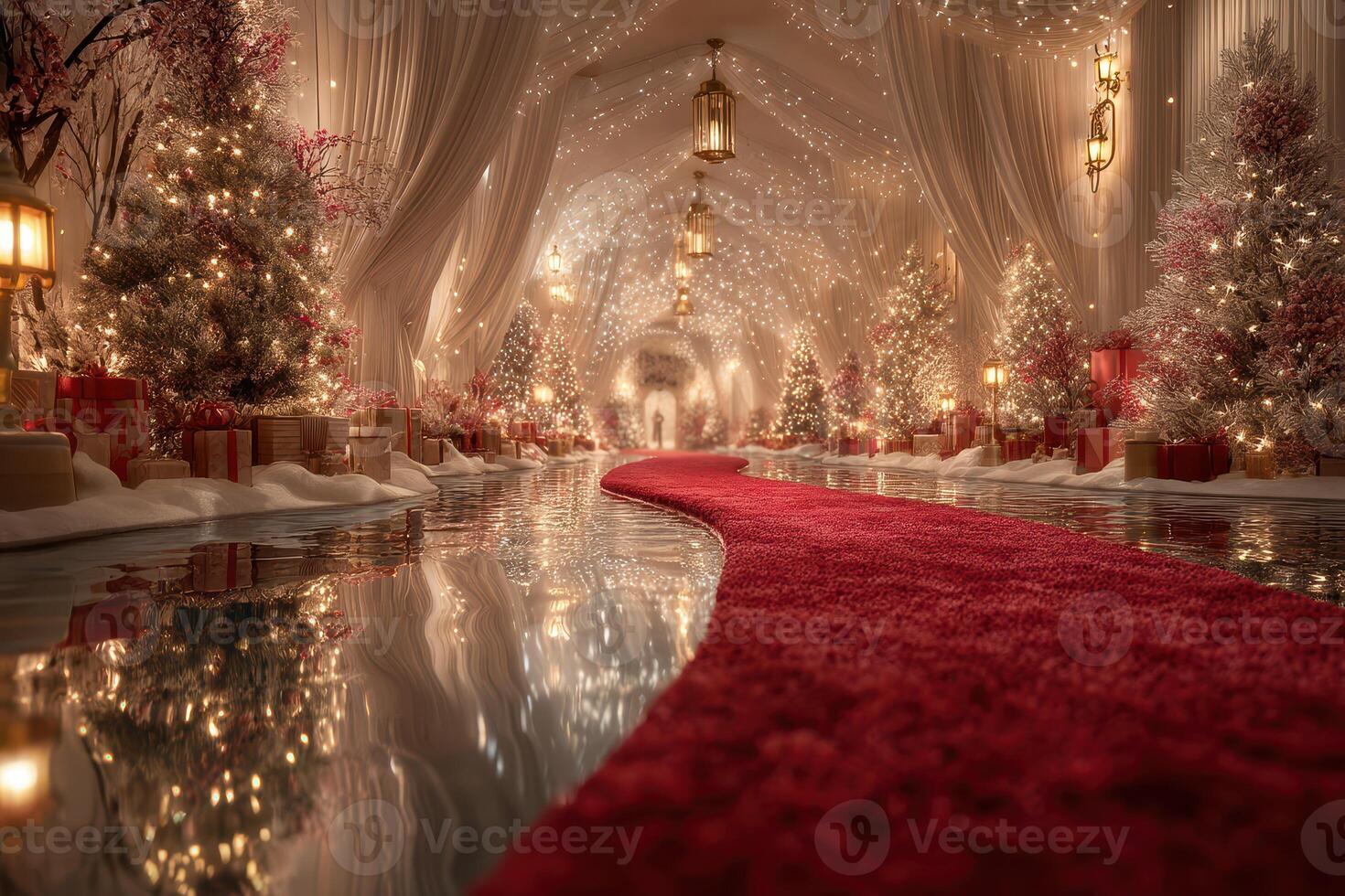 Magical holiday pathway lined with decorated trees and shimmering lights creates a festive atmosphere photo