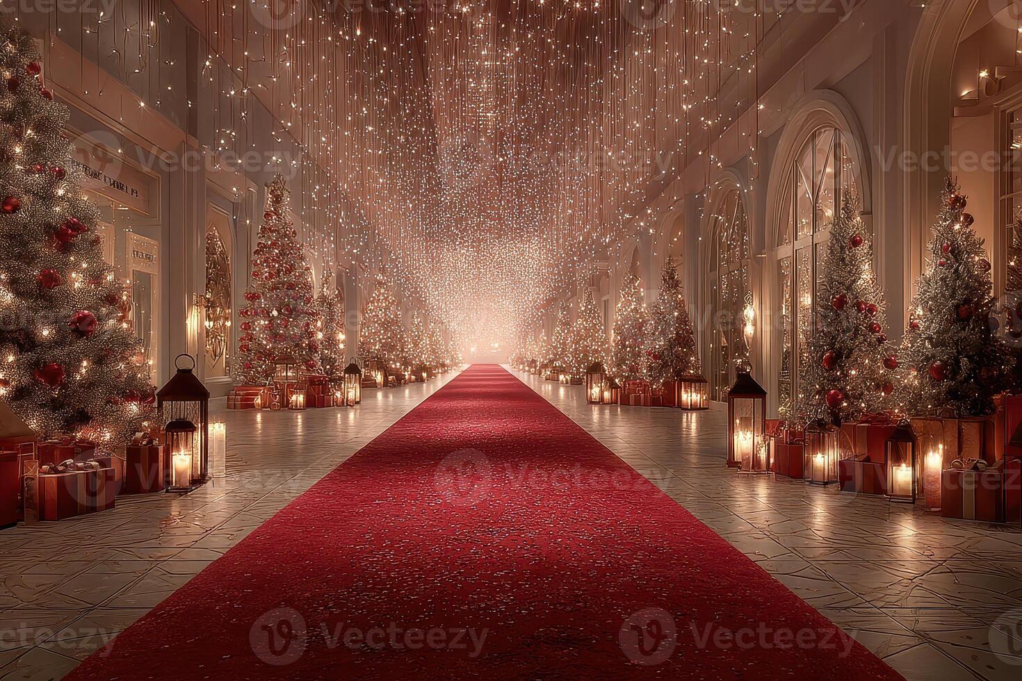 Elegant holiday pathway adorned with festive trees and twinkling lights in a grand setting photo