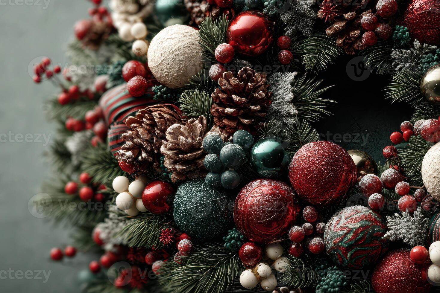 Colorful Christmas wreath adorned with ornaments and pinecones captures festive spirit in detailed close-up view photo