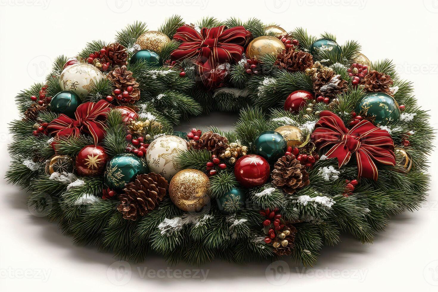 Festive Christmas wreath adorned with ornaments and ribbons displayed on a neutral background photo