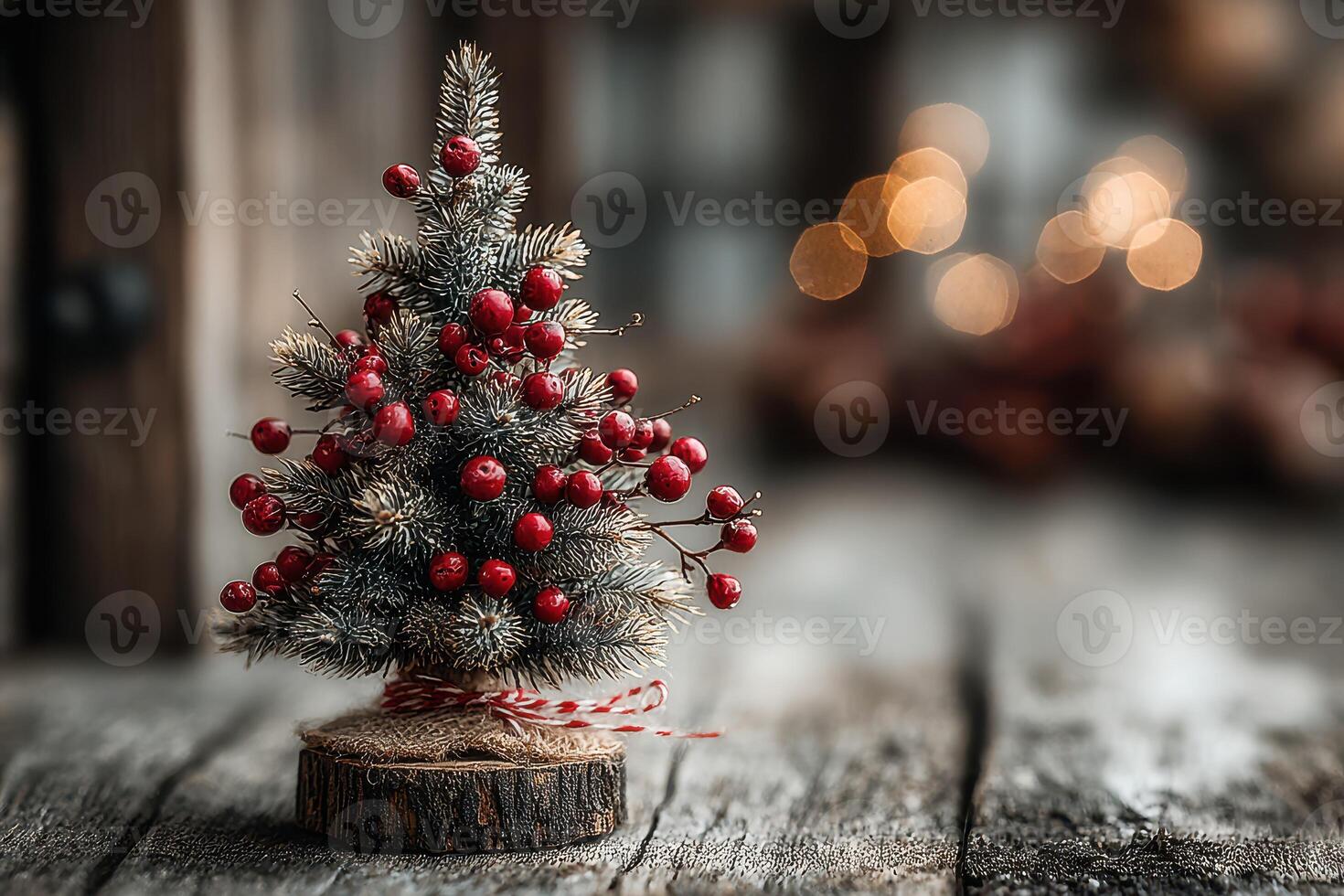 Miniature Christmas tree decorated with red berries placed on rustic wooden table in cozy indoor setting photo