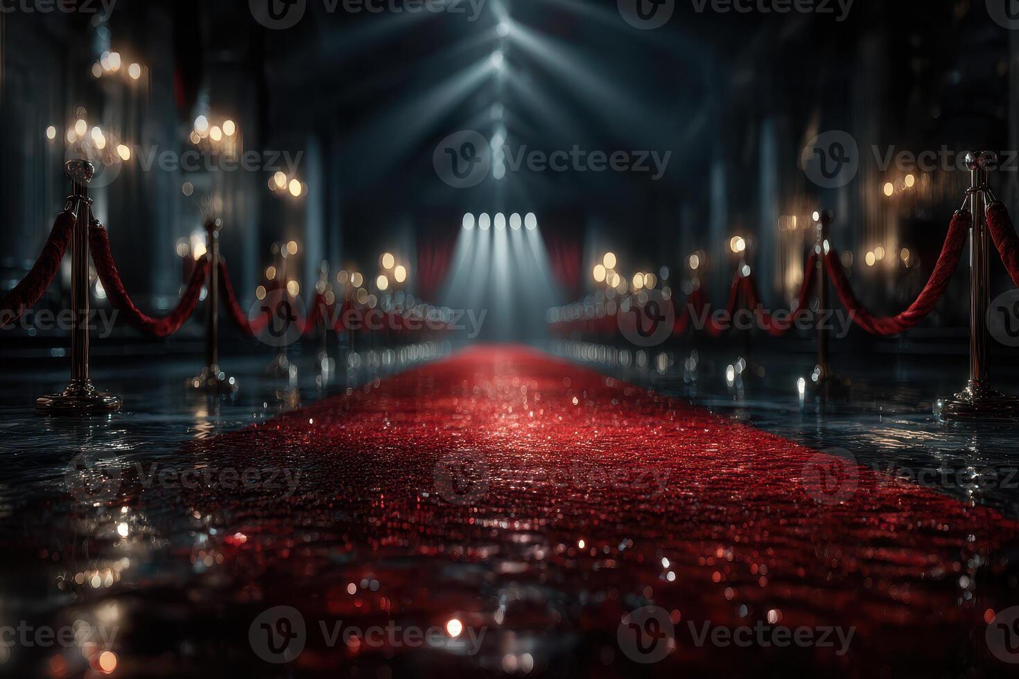 Elegant red carpet setup with ambient lighting in lavish venue for upcoming event or gala night photo