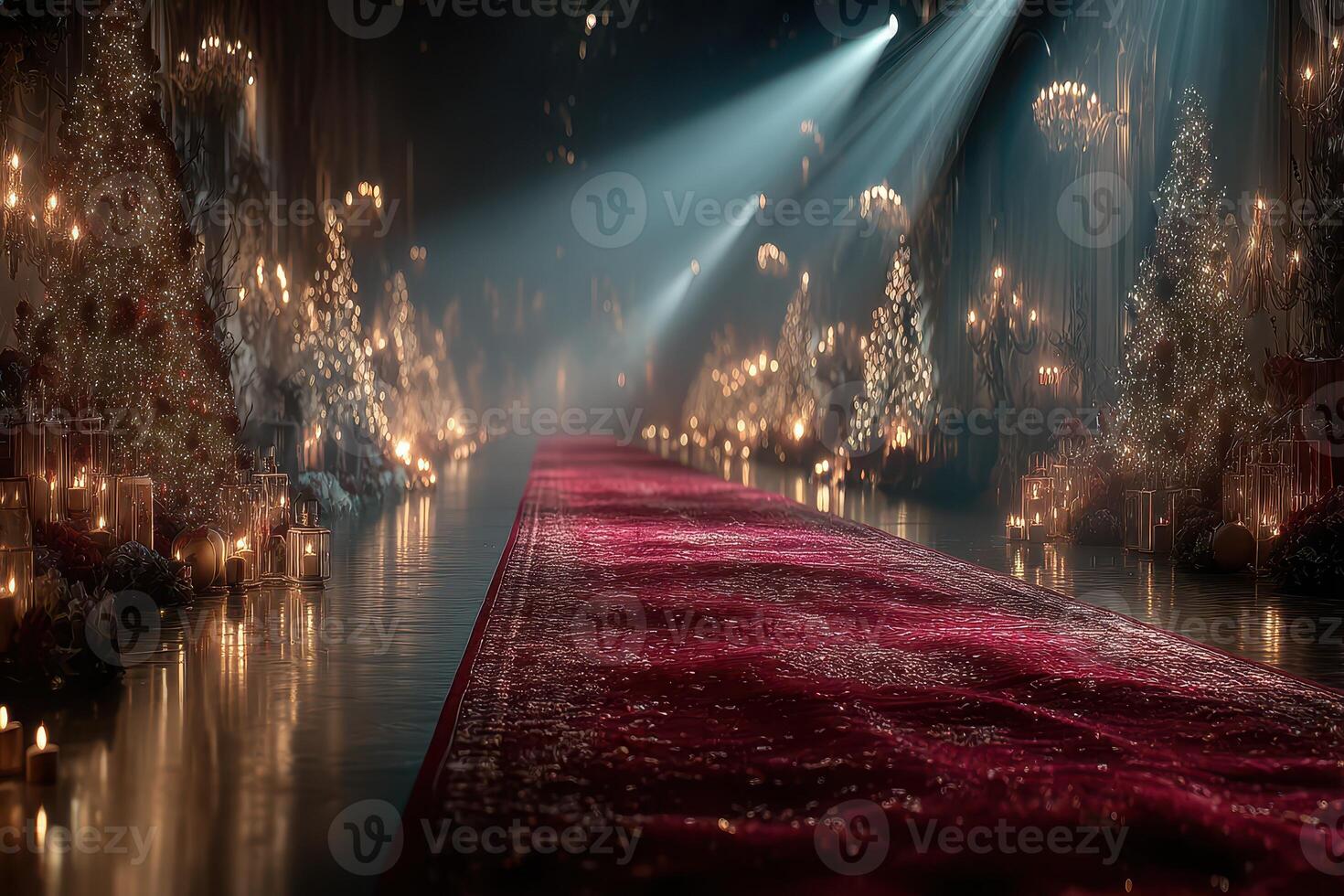 Elegant red carpet pathway illuminated by soft beams of light in a lavishly decorated indoor space during a formal event photo
