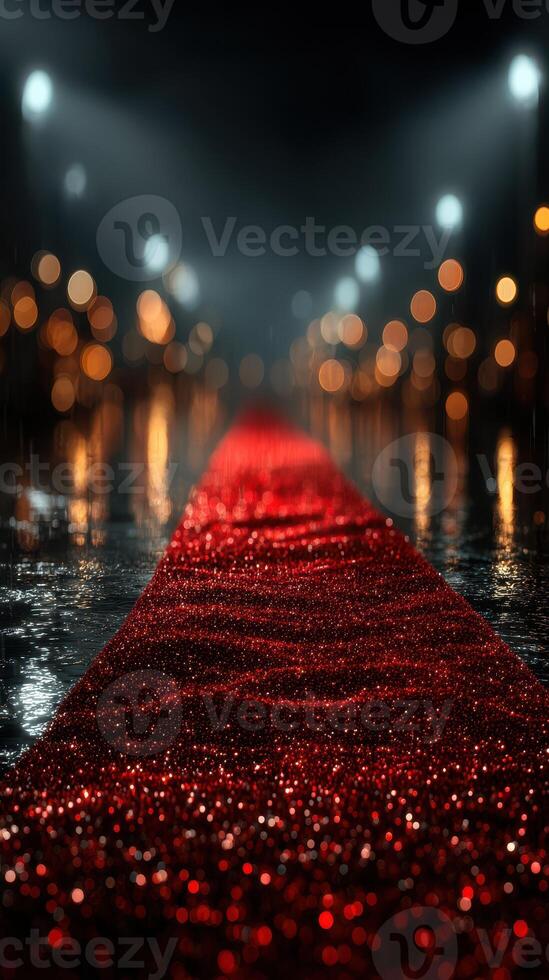 Red carpet glistens under lights on a rainy evening in an elegant outdoor setting photo