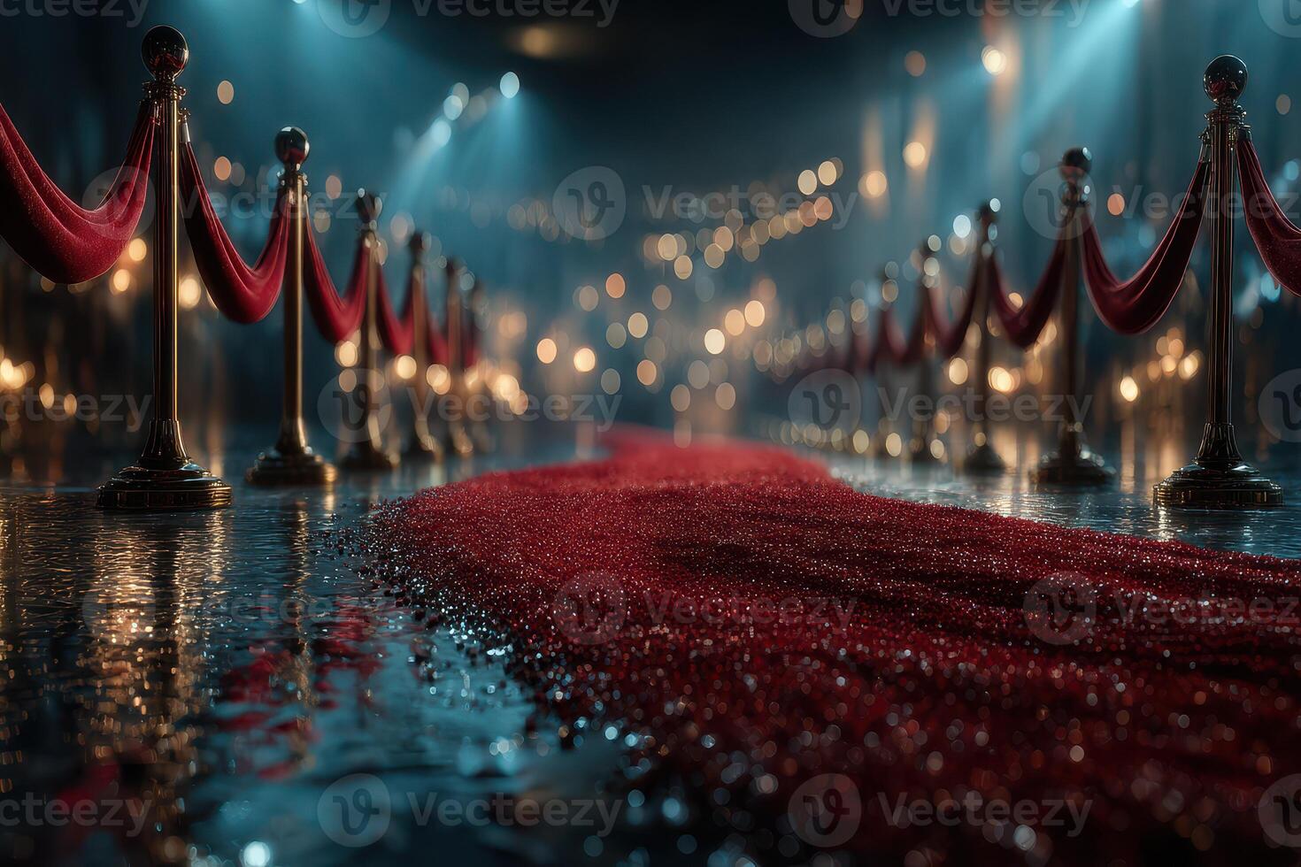 Elegant red carpet leading to an upscale venue adorned with glimmering lights and velvet ropes during a formal evening event photo