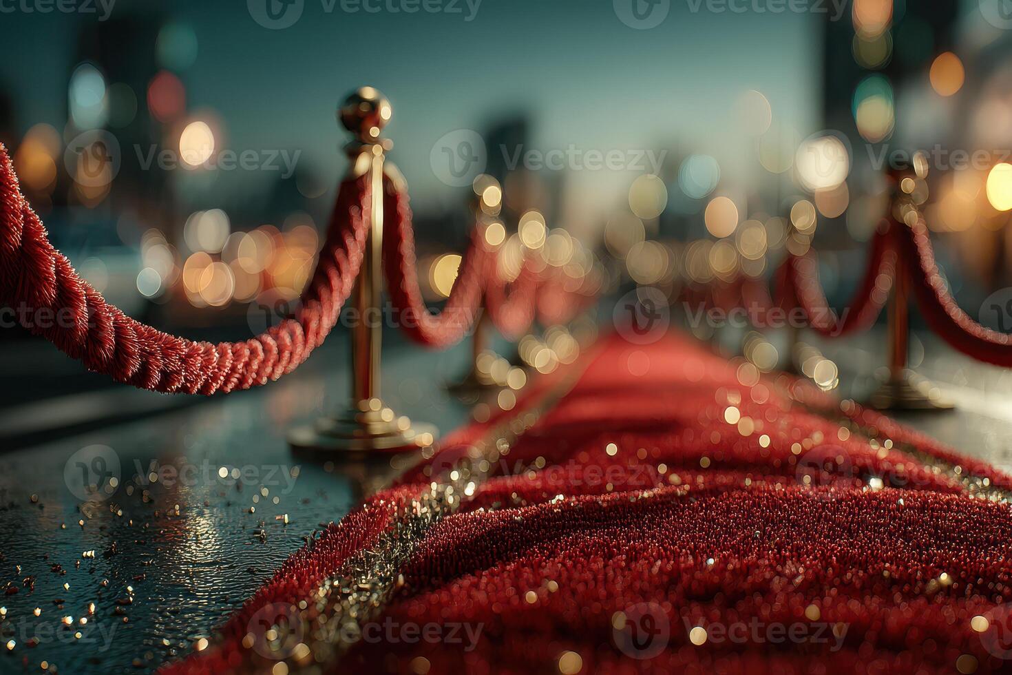 Red carpet awaits guests at a glamorous nighttime event in a bustling city photo