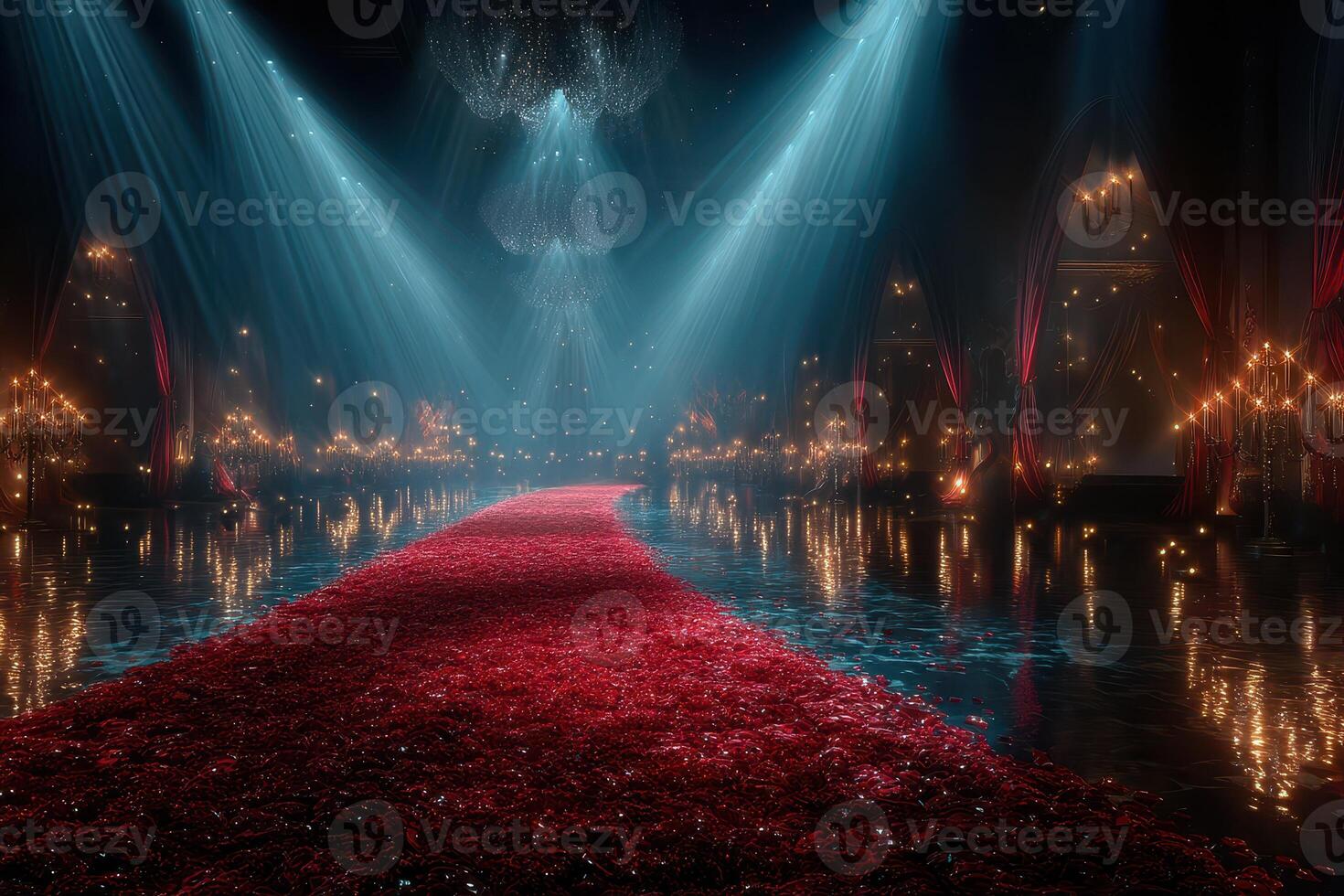 Elegant red carpet leading to a lavish ballroom illuminated by soft lights during a grand evening event photo