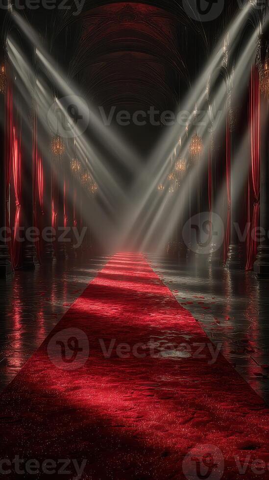 Red carpet event in an elegant hall with dramatic lighting and luxurious decor set for a prestigious gathering photo
