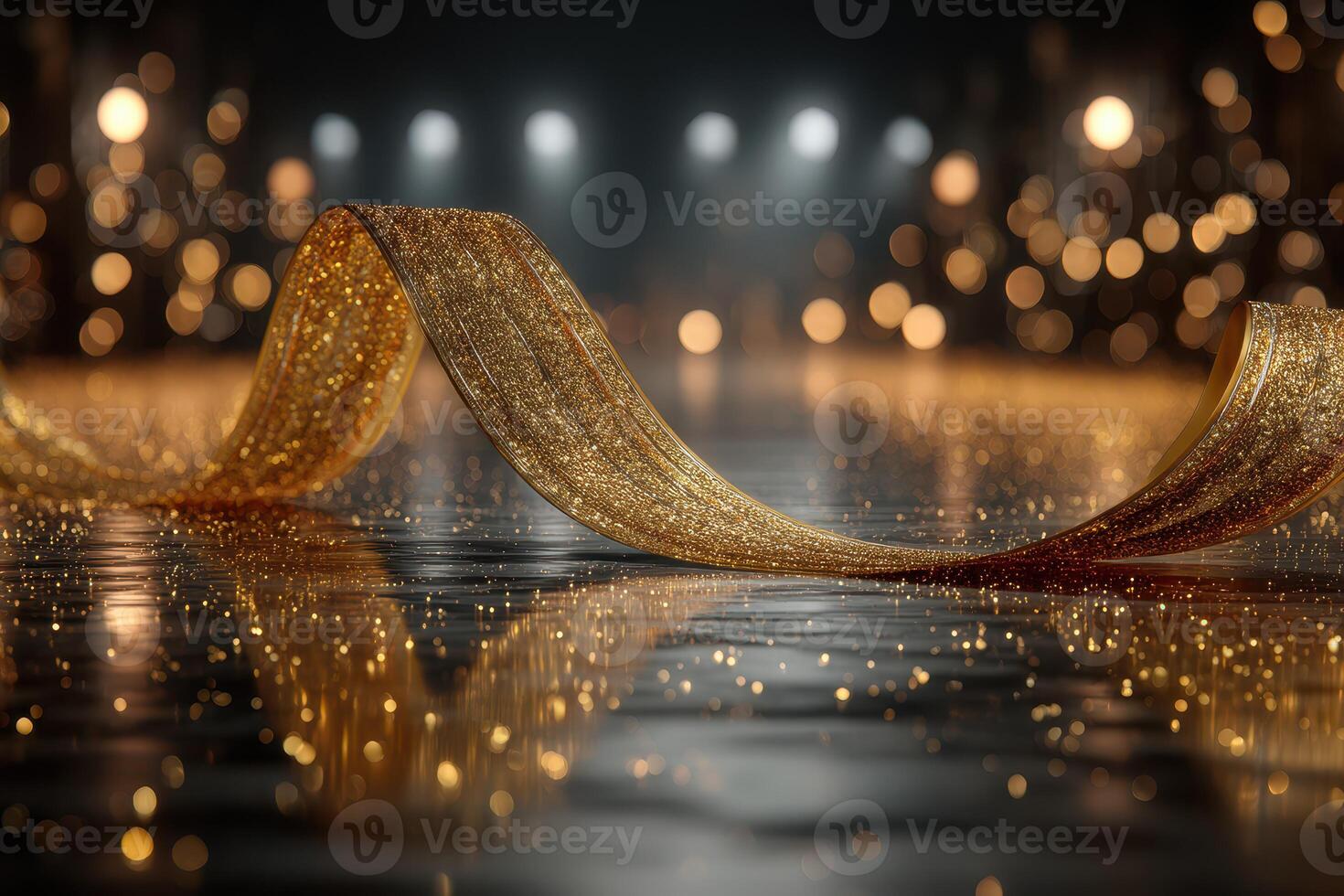 Shimmering gold ribbon on reflective surface with sparkling lights in the background during evening celebration photo