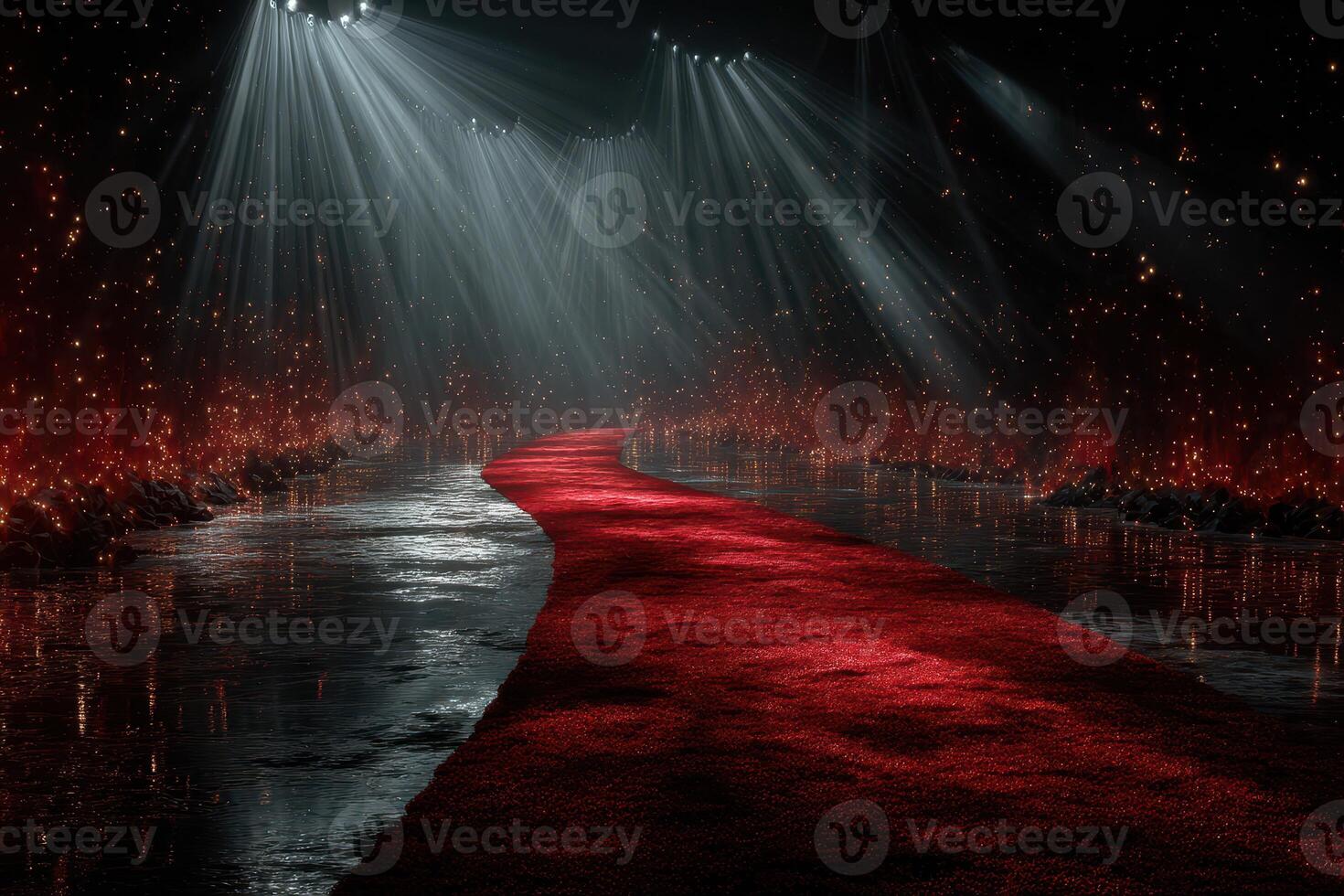 Stunning red carpet pathway illuminated by dramatic lights in a dark venue setting during an evening event photo