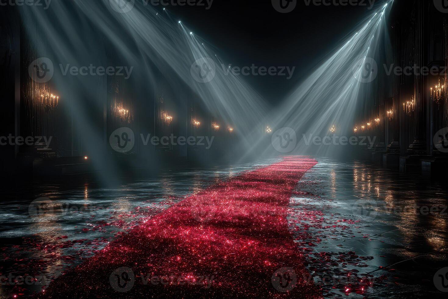 Stunning red carpet setup in a grand hall illuminated by dramatic lighting photo