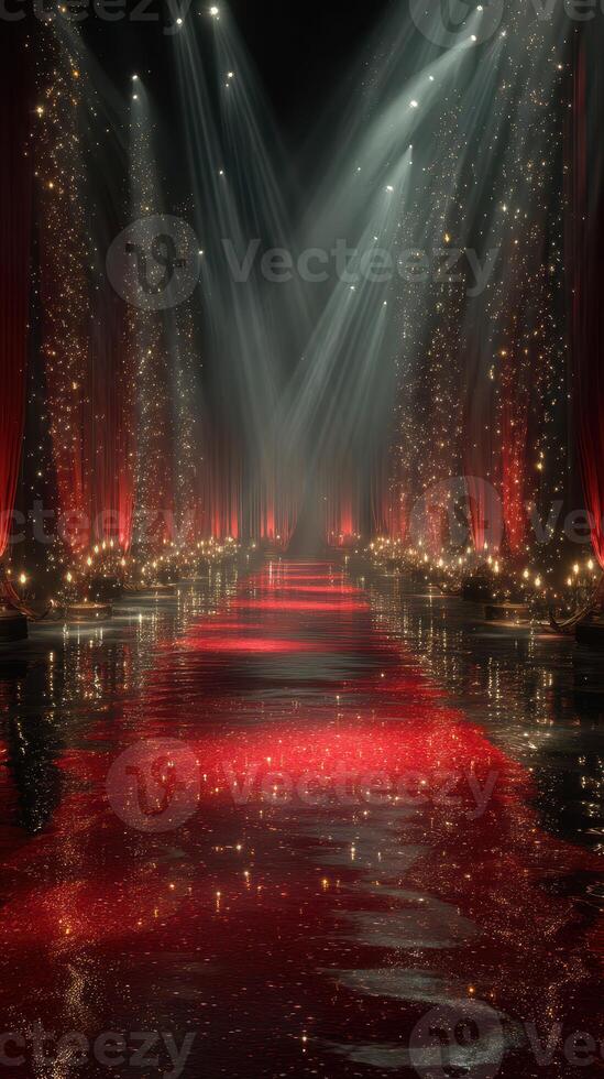 Elegant red carpet event with shimmering lights and reflections in a grand venue at night photo