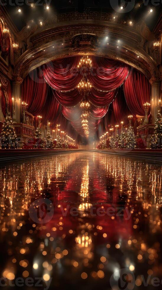 Grand theater decorated for a festive celebration with shimmering lights and holiday trees in a luxurious setting photo