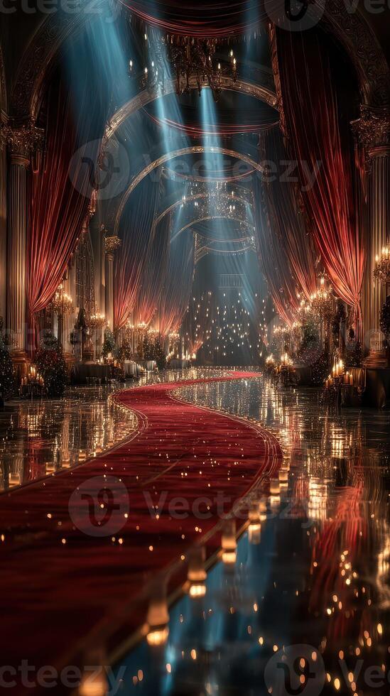 Grand ballroom with romantic lighting and elegant decor for a special event in the evening photo