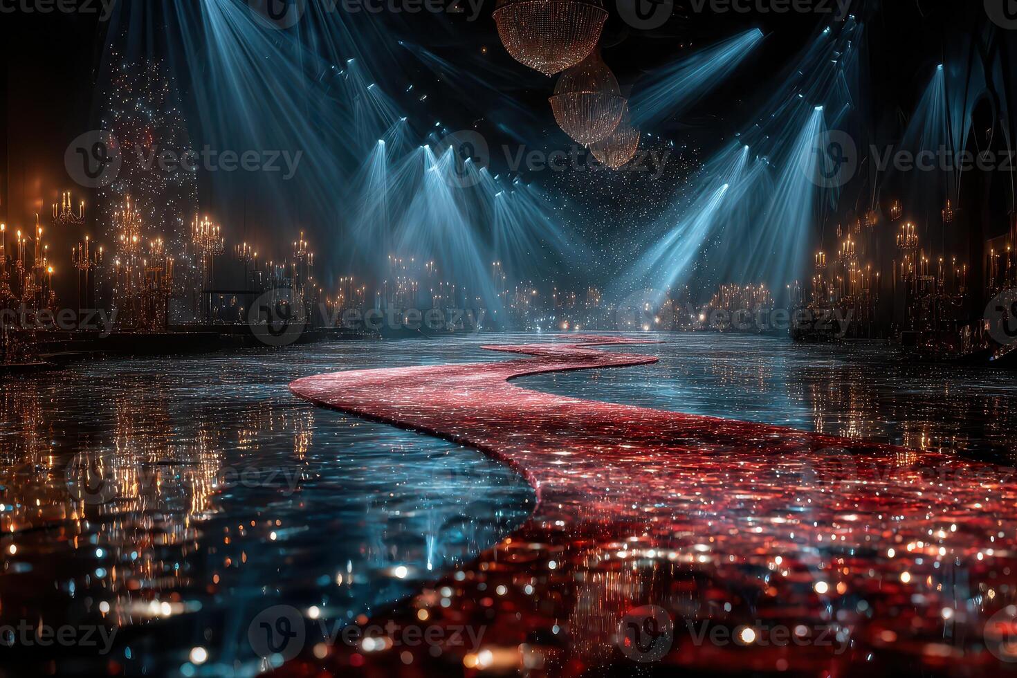 Sparkling pathway illuminated by beams of light at an elegant event venue during a nighttime gathering photo