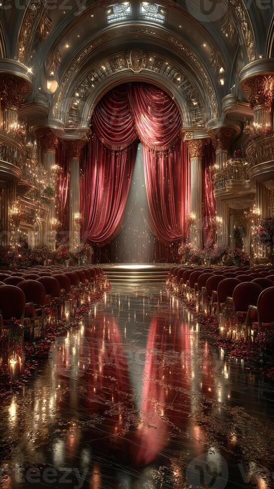 Elegant theater interior featuring rich red curtains and ornate decorations with warm lighting in an ornate performance space photo