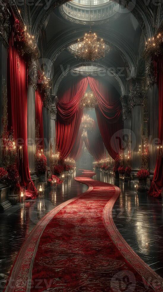 Grand interior with red drapes and elegant chandeliers in a luxurious setting photo