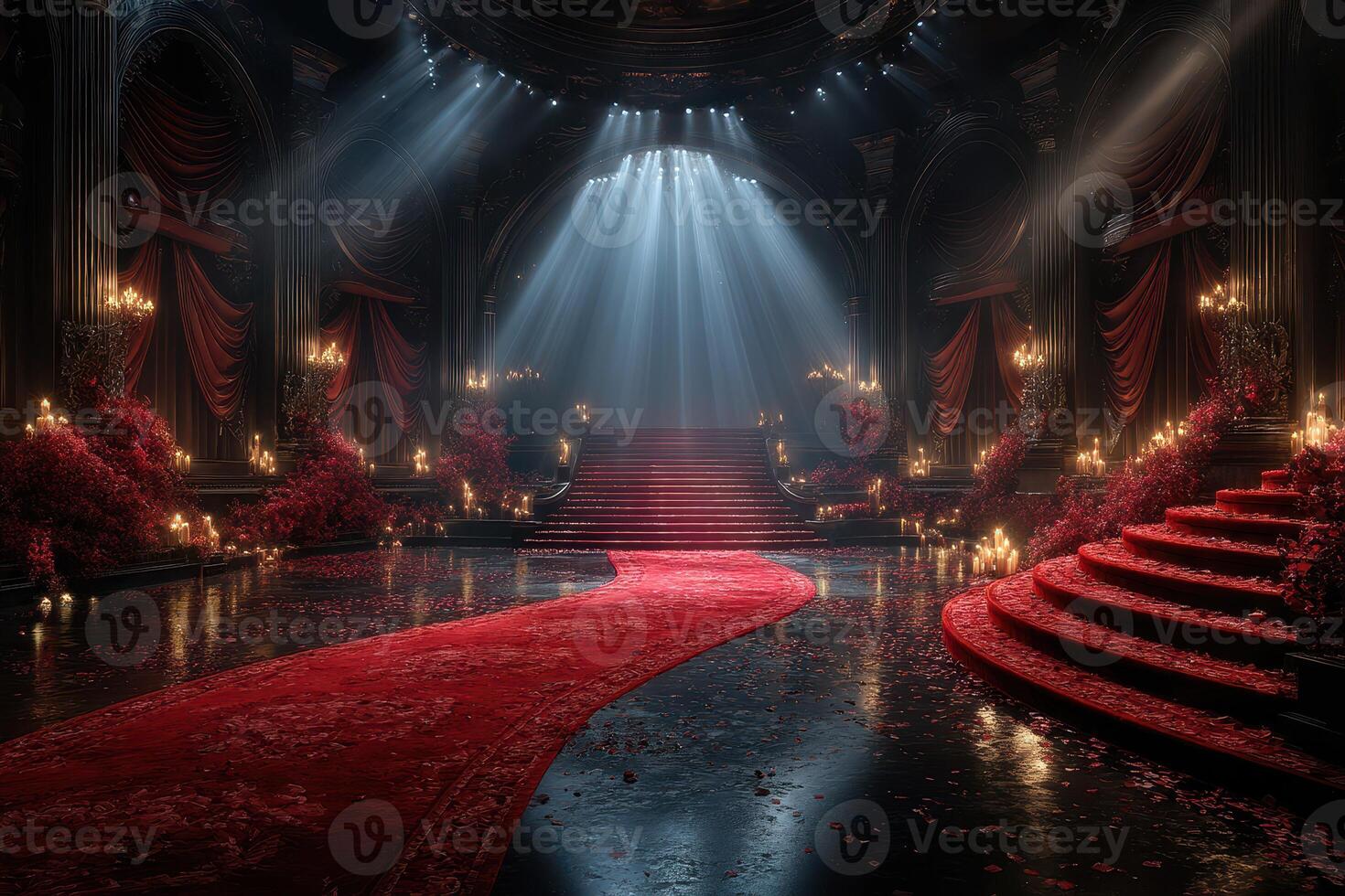 Grand red carpet hall adorned with flowers and candles illuminated by soft beams of light during an elegant evening event photo