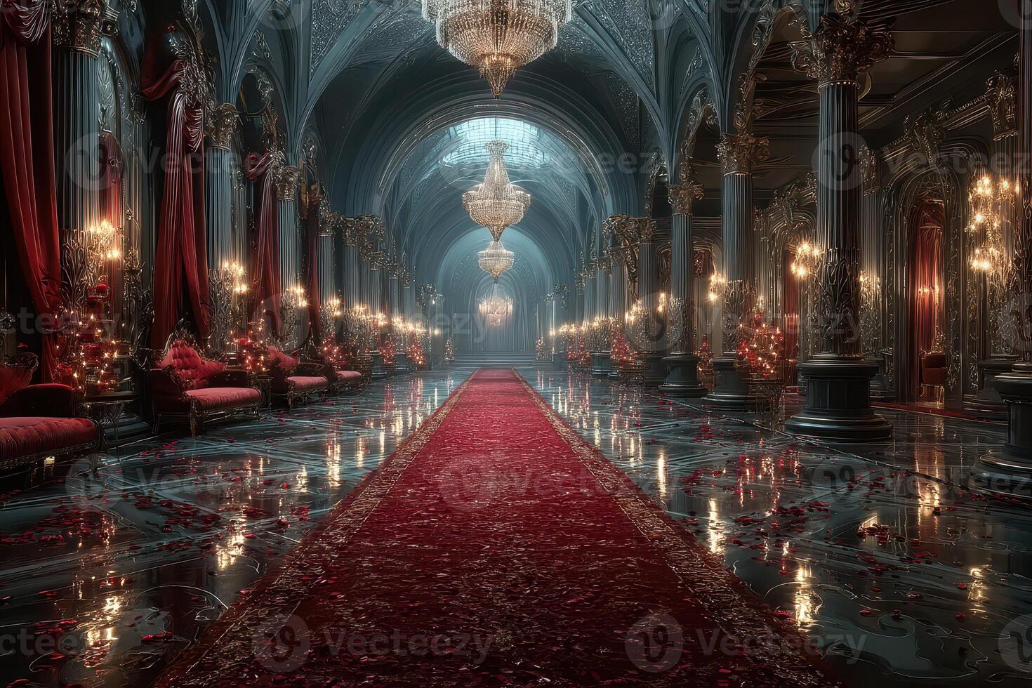 Luxurious ballroom with opulent chandeliers and a grand carpet illuminated by soft lighting photo