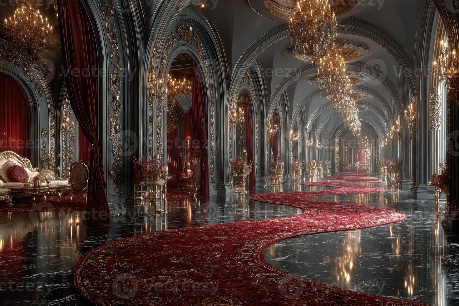 Opulent hallway adorned with chandeliers and rich carpets in an elegant palace setting photo