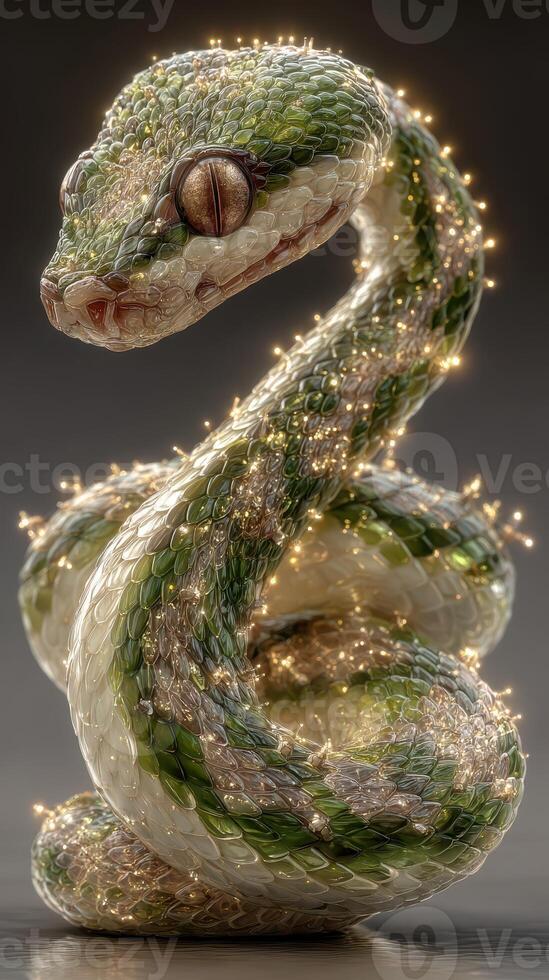 Realistic glass sculpture of a coiled snake with glowing accents showcasing intricate details photo