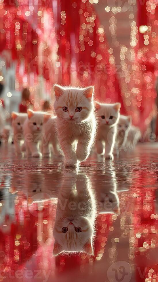 White kittens walk in a line over a reflective surface surrounded by red decorations during a festive celebration photo