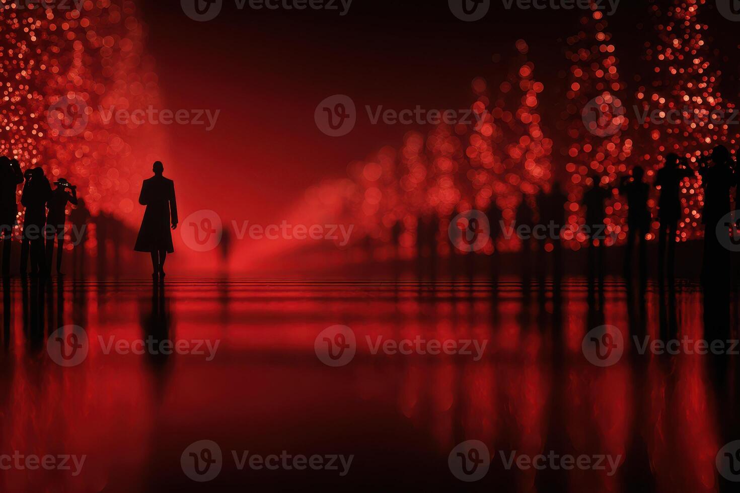 People walking along a glowing red pathway lined with illuminated trees during evening hours photo
