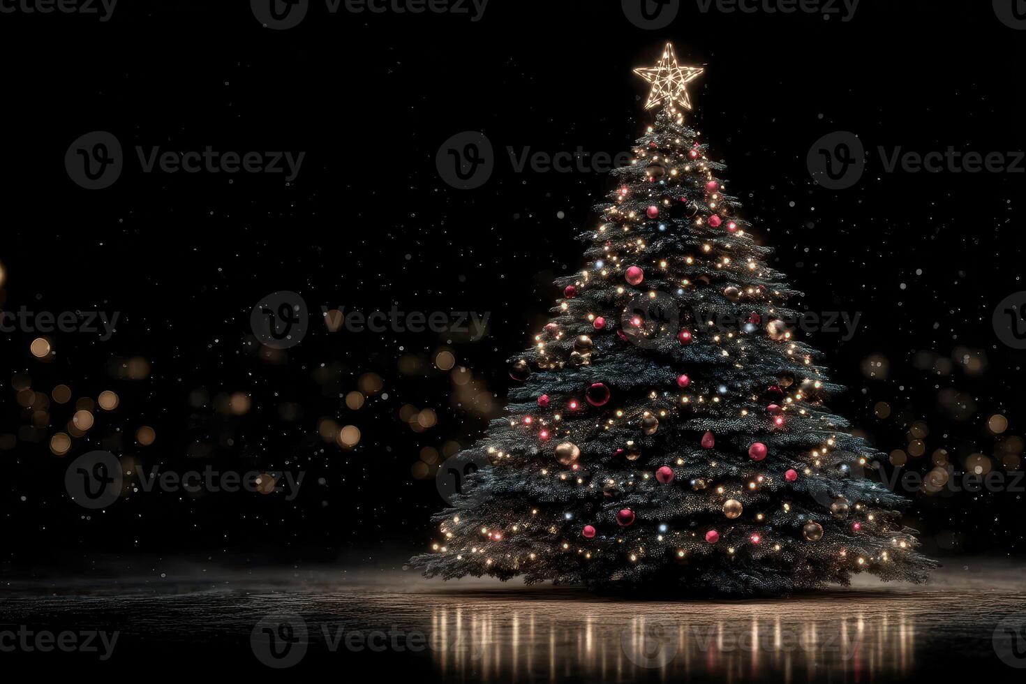 Holiday celebration with a beautifully lit Christmas tree adorned with ornaments and a star on top during nighttime photo