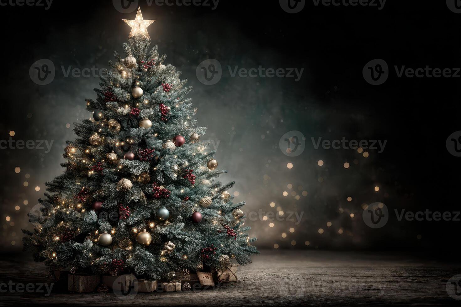 Elegant Christmas tree adorned with ornaments and lights in a cozy dark setting photo
