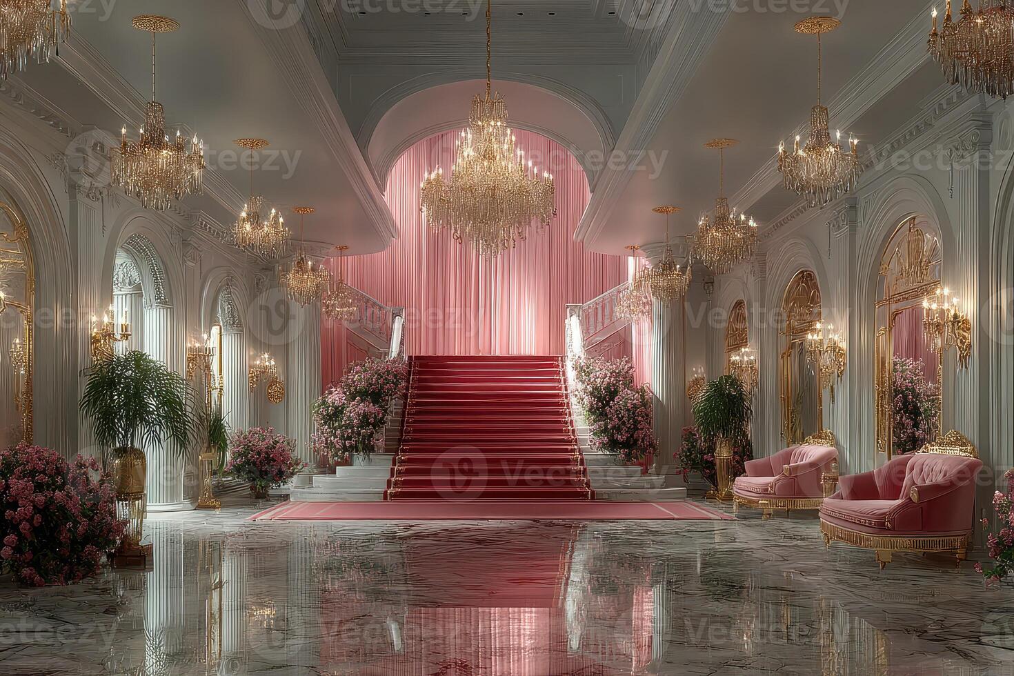 Luxurious entrance hall with ornate chandeliers and elegant decor in a grand setting during daylight photo