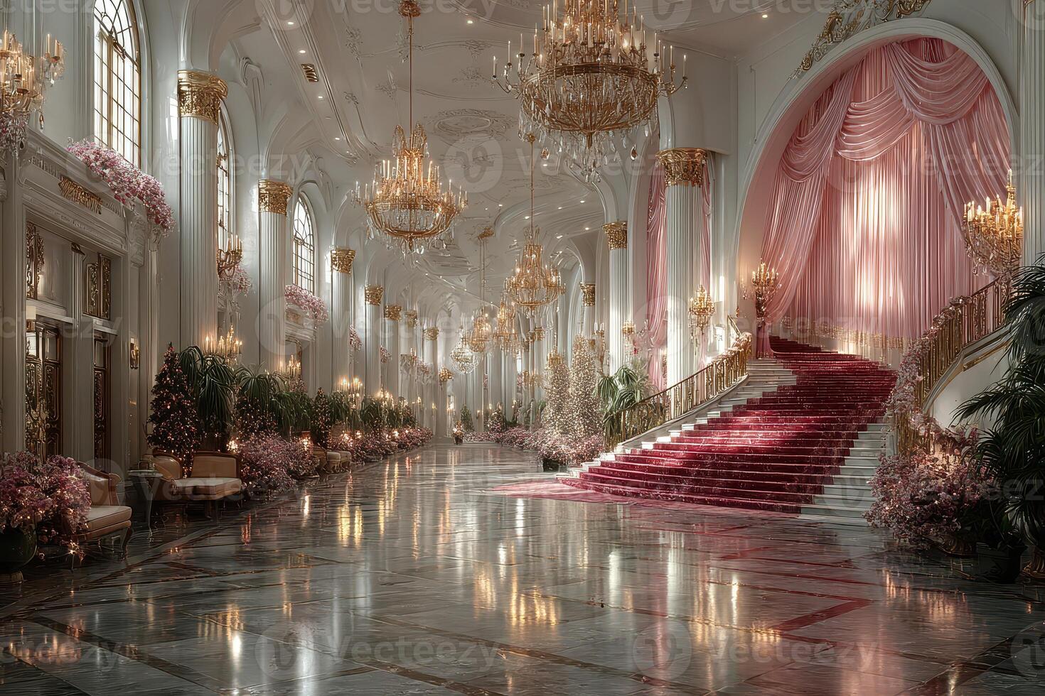Grand ballroom adorned with elegant decor, chandeliers, and a majestic staircase during a lavish event in the afternoon light photo