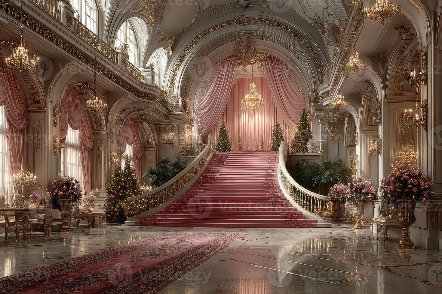 Elegant staircase adorned with holiday decorations in a grand palace during a festive celebration photo