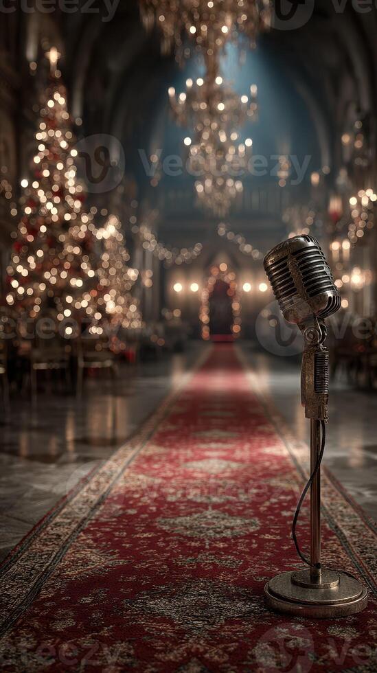 Elegant microphone on display in a festive setting with Christmas decorations and chandelier lighting photo