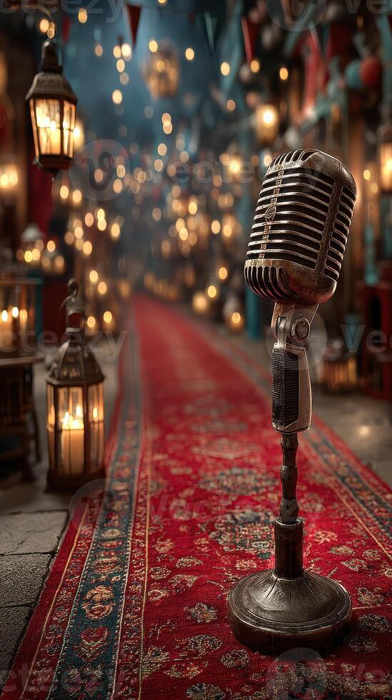 Vintage microphone stands in a beautifully lit alleyway adorned with lanterns and rich carpets in an enchanting evening setting photo