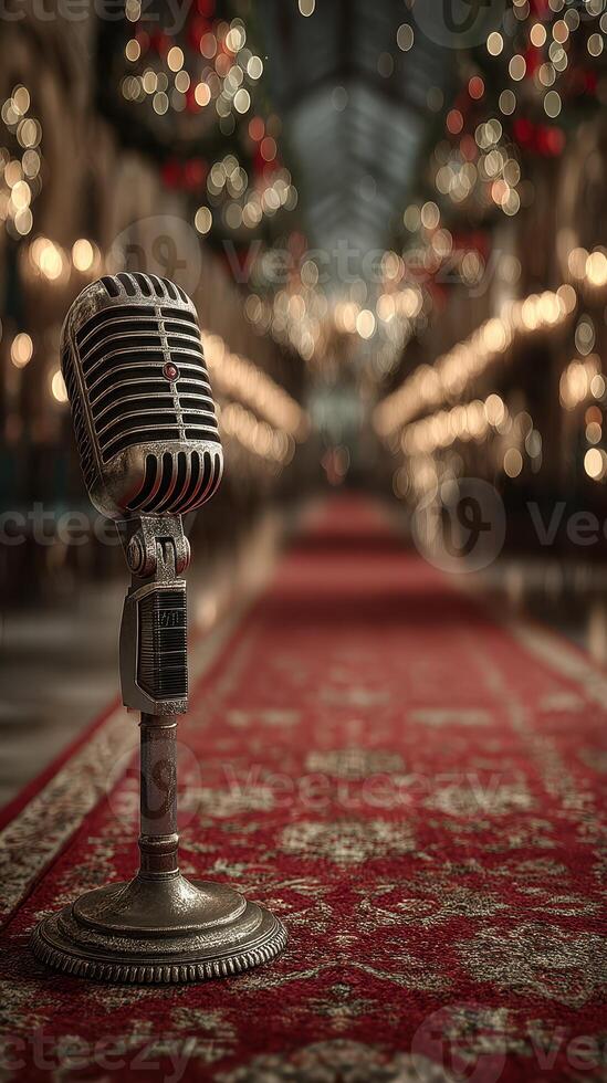 Vintage microphone on ornate carpet in grand hall illuminated by soft lights during evening event photo