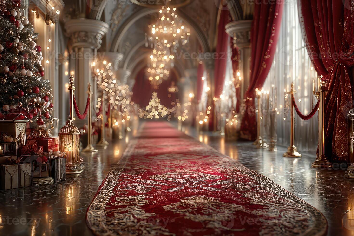Elegant hallway decorated for a festive celebration with rich colors and lights in an opulent setting photo