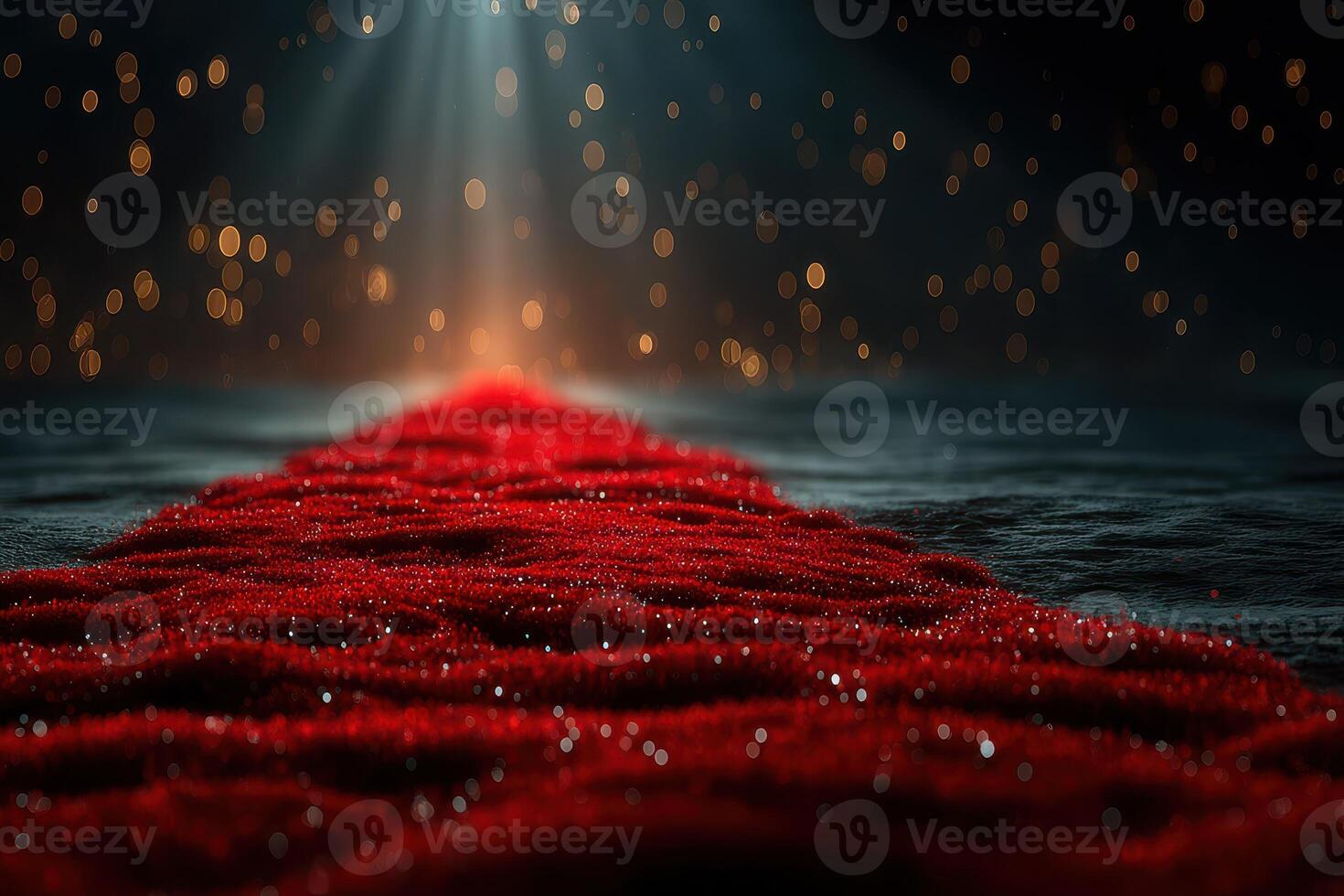 Luminous red pathway with sparkling details under soft lighting in a mysterious setting photo