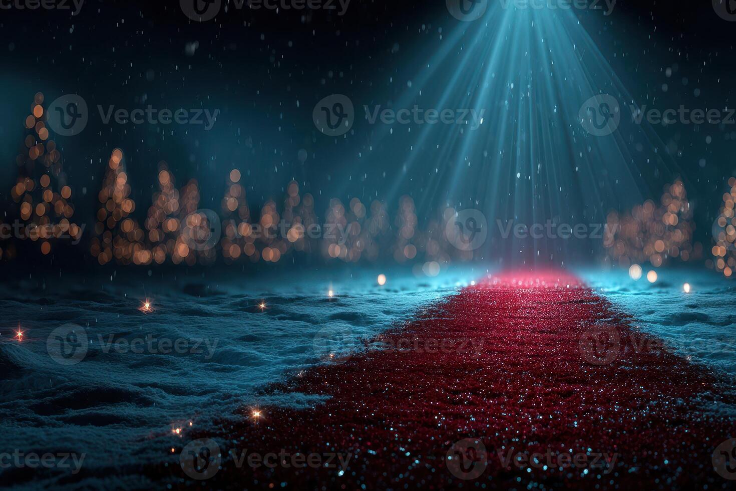 Red carpet pathway illuminated by a beam of light in a snowy winter setting with soft bokeh lights photo