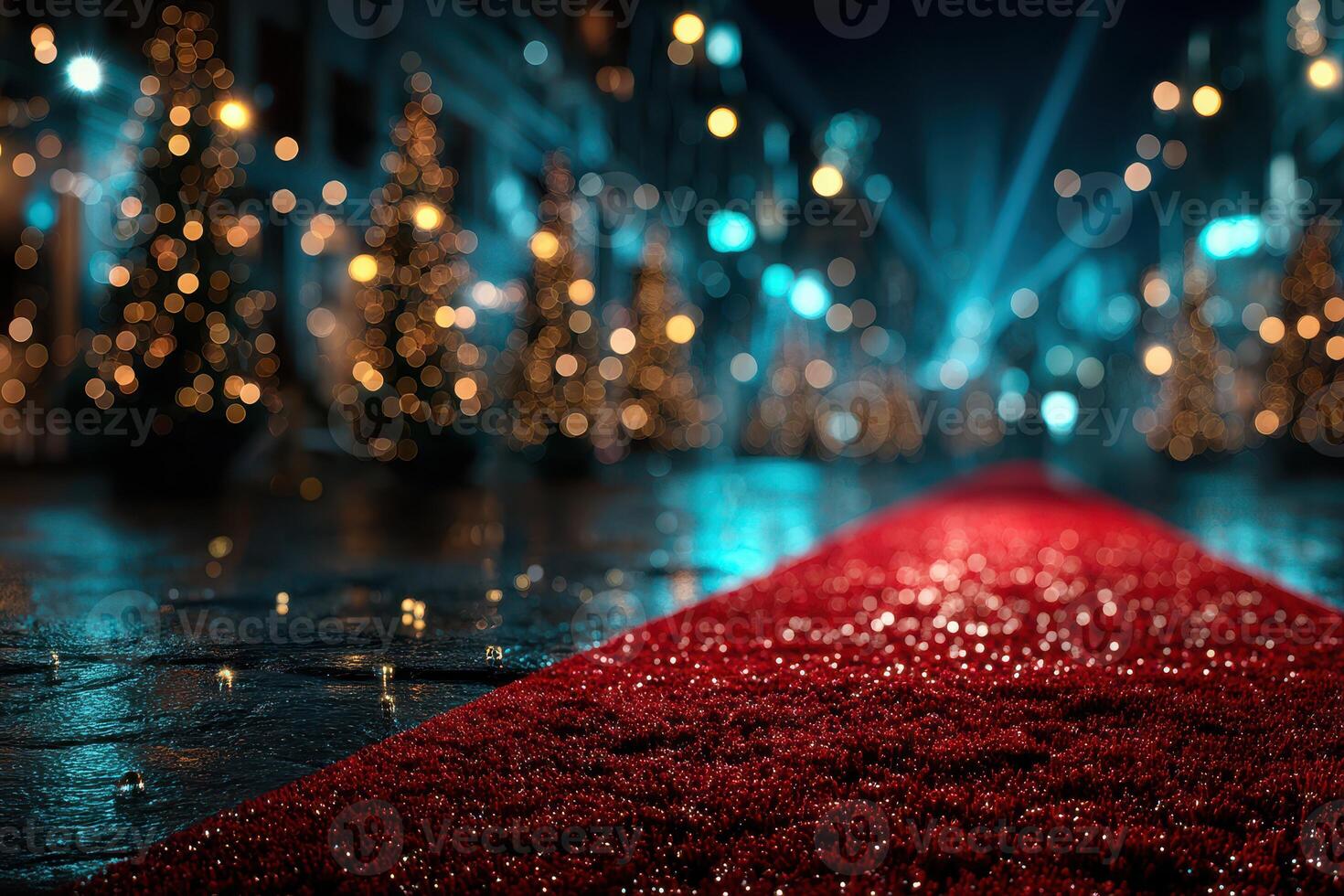 Festive red carpet pathway lined with glowing Christmas trees under twinkling lights at night photo