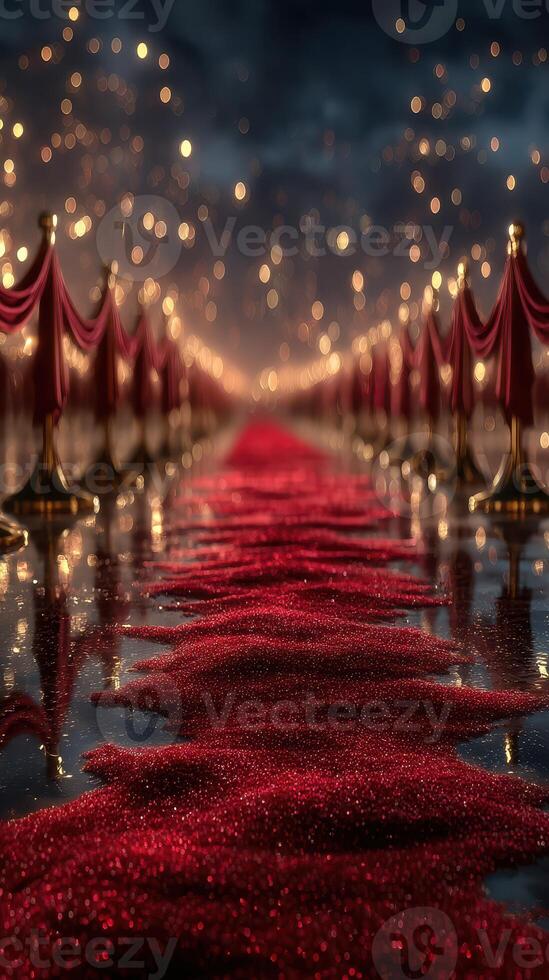Elegant red carpet lined with gold ropes sparkles under a starry night sky at a glamorous event photo