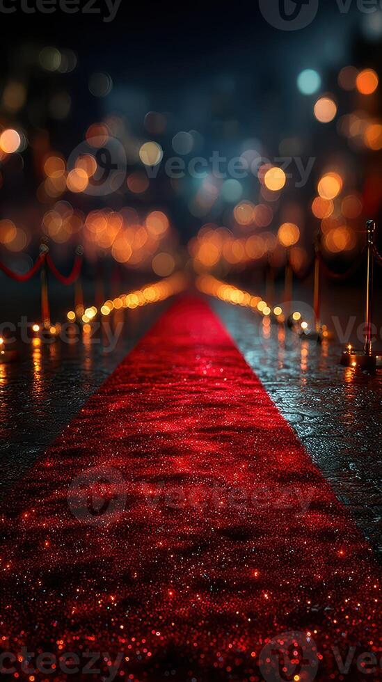 Elegant red carpet set for a glamorous event in a city illuminated by soft lights at night photo
