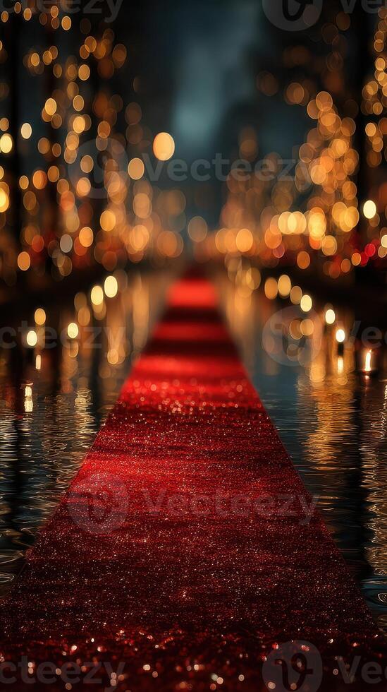 Elegant red carpet leading through shimmering reflections at a festive event during evening twilight photo