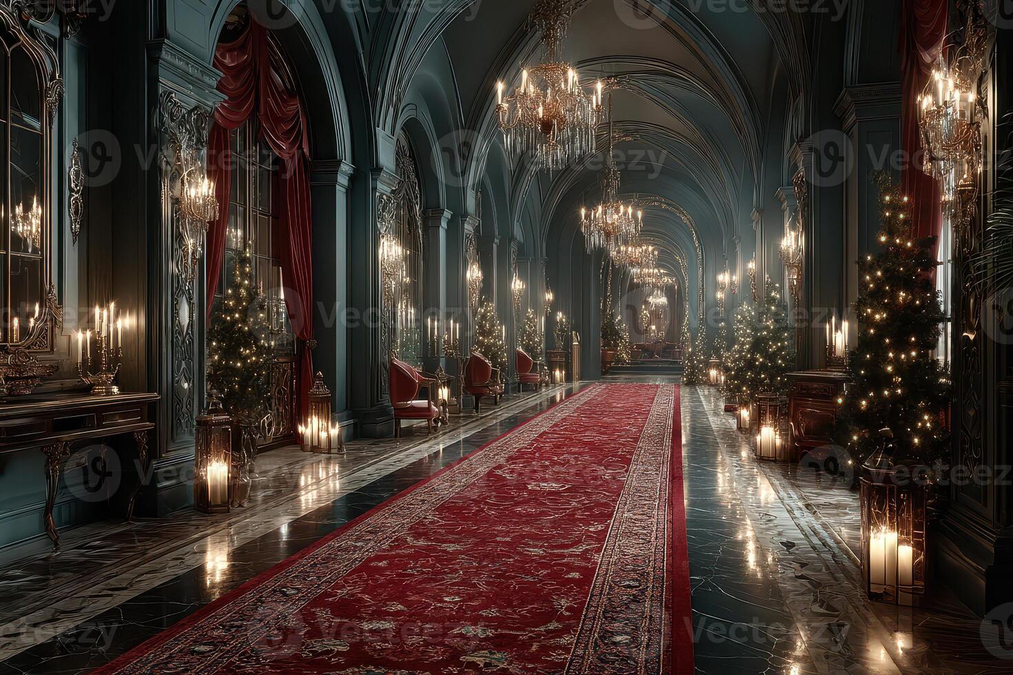 Elegant corridor decorated for a festive celebration with candles and Christmas trees in a grand, historic setting photo