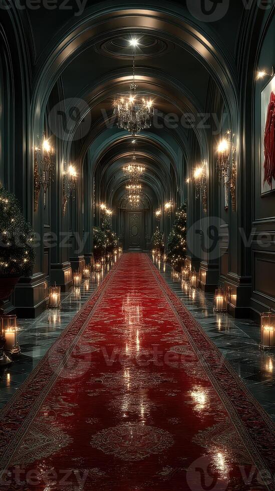 Elegant hallway adorned with chandeliers and festive decorations during nighttime photo