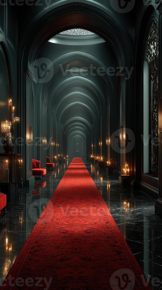 Elegant red carpet hallway with soft candle lighting and luxurious decor in a grand setting at night photo